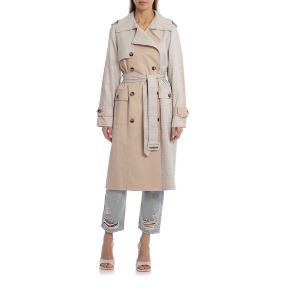 Avec Les Filles Plaid Trench Coat - XS - Tan & Blue Classic Preppy Fall Layering - Picture 1 of 10